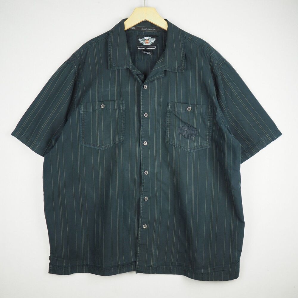 Harley Davidson Short Sleeve Metal Button Shirt Mens 2XL Striped Black Logo
